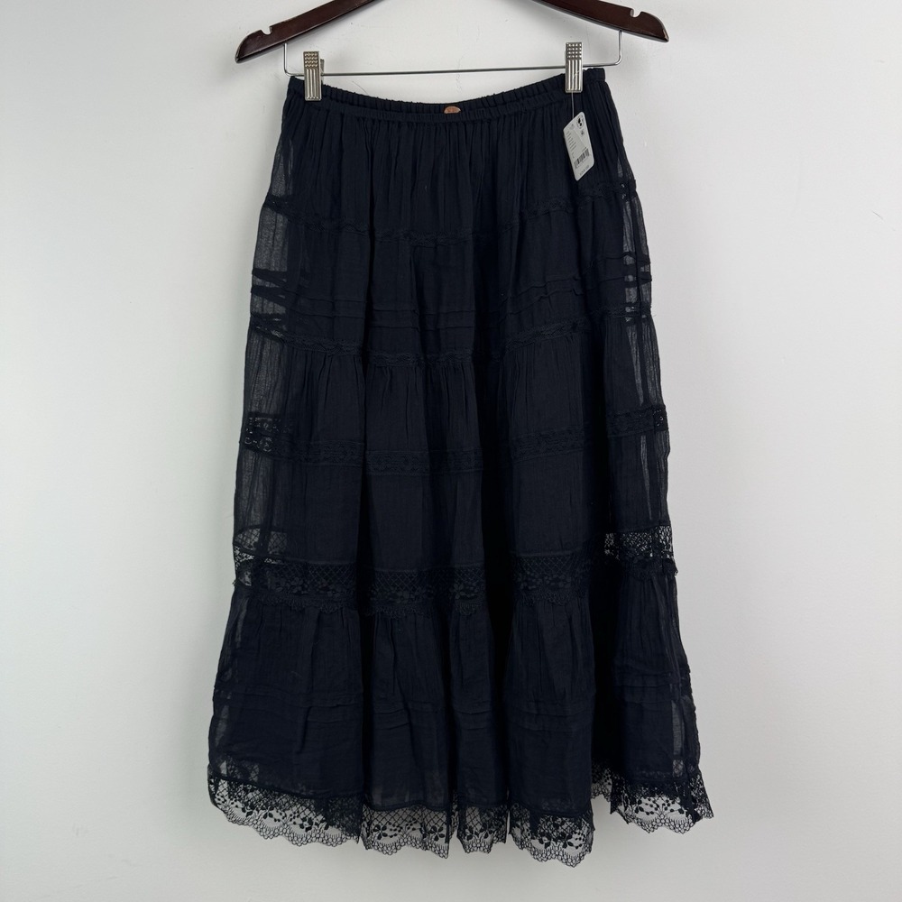 Free People FP Midi Skirt Womens L Black One Lily Lace BOHO Elastic Waist NWT